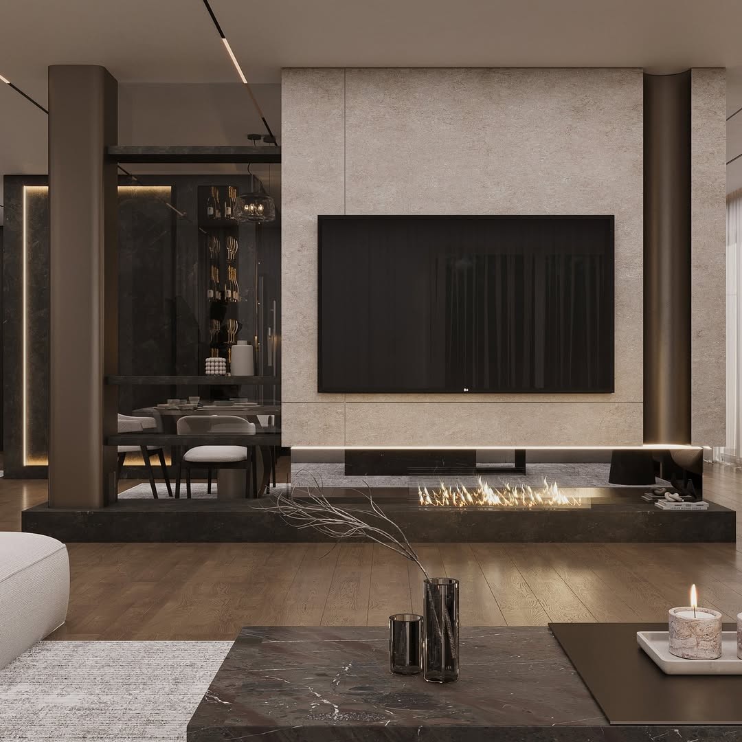 Apartment Interior — Dark Modern Living & Kitchen Gallery