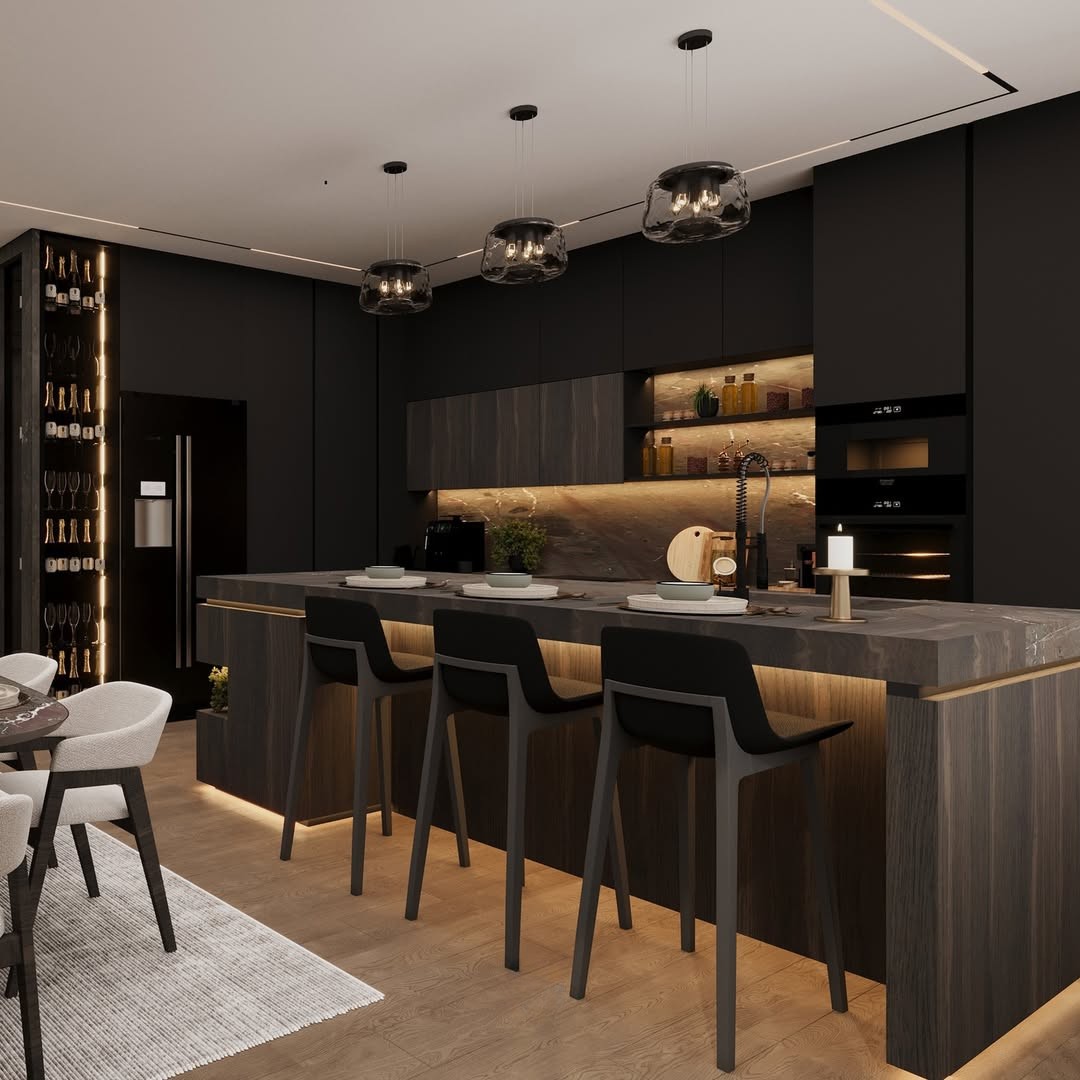 Apartment Interior — Dark Modern Living & Kitchen Gallery