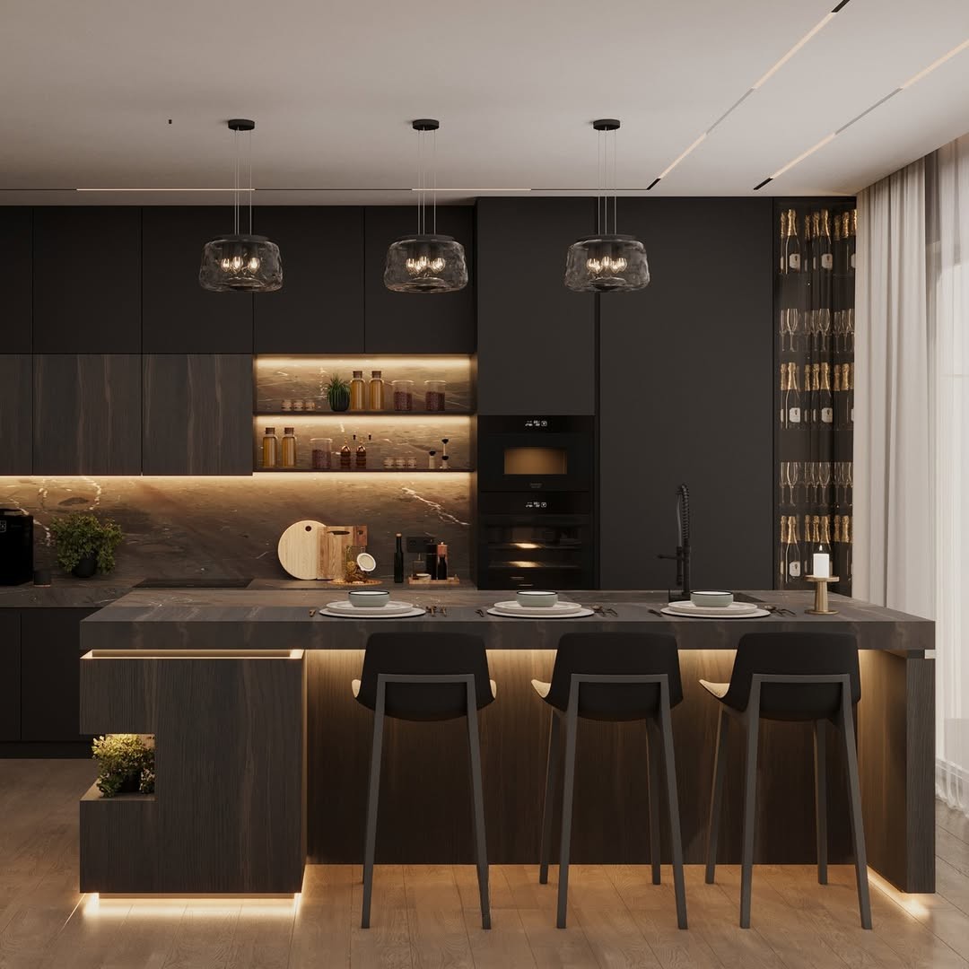 Apartment Interior — Dark Modern Living & Kitchen Gallery